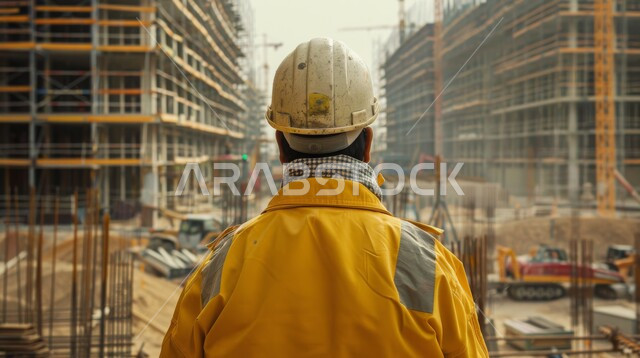 مهن ووظائف هندسية سعودية، الات الحفر والبناء في مقر الإنشاءات، الاشراف على المشاريع في موقع العمل، تطور ونمو القطاع الهندسي في المملكة، صورة مقربة من الخلف لمهندس عربي خليجي سعودي يرتدي سترة وخوذة الحماية