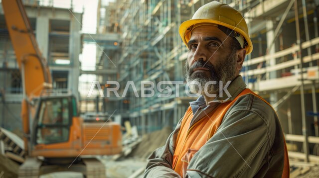 The development and growth of the engineering sector in the Kingdom, supervision of projects at the work site, a picture close to the side of an Arab Gulf Gulf engineer wearing a jacket and protective helmet, Saudi engineering professions and jobs, drilling and construction machines at the construction headquarters