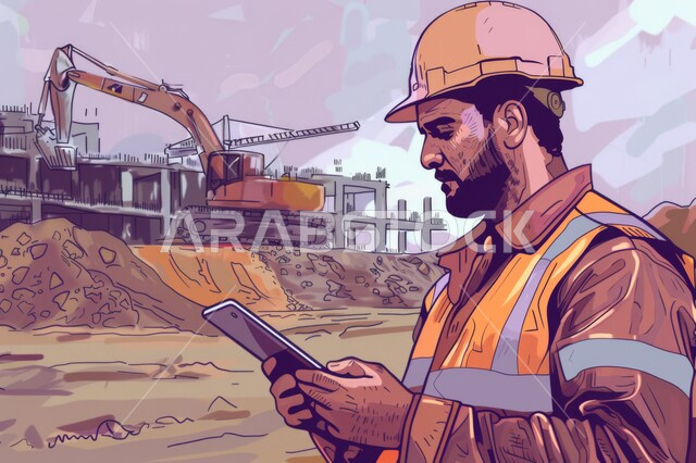 الات الحفر والبناء في مقر الإنشاءات، مهن ووظائف هندسية سعودية، الاشراف على المشاريع في موقع العمل، تطور ونمو القطاع الهندسي في المملكة، صورة مقربة من الجانب لمهندس عربي خليجي سعودي يرتدي سترة وخوذة الحماية يحمل بيده تابلت، استخدام الاجهزة التقنية الحديثة