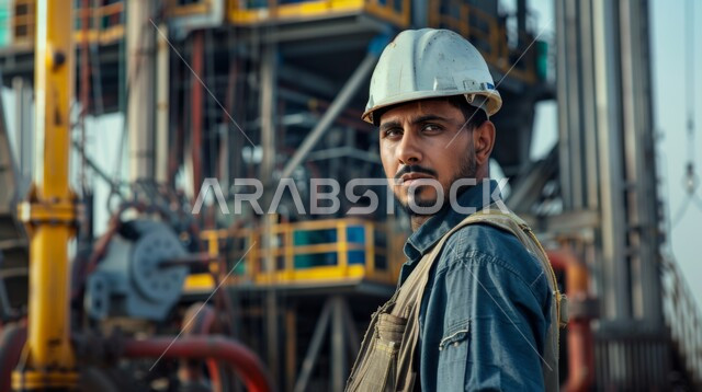 تطور ونمو القطاع الهندسي في المملكة، الاشراف على المشاريع في موقع العمل، صورة مقربة من الجانب لمهندس عربي خليجي سعودي يرتدي سترة وخوذة الحماية، مهن ووظائف هندسية سعودية، الات الحفر والبناء في مقر الإنشاءات