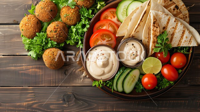 A close-up of a plate of ripe fried falafel discs with fresh vegetables, popular food recipes in Saudi Arabia restaurants, a delicious breakfast, oriental Arabic food