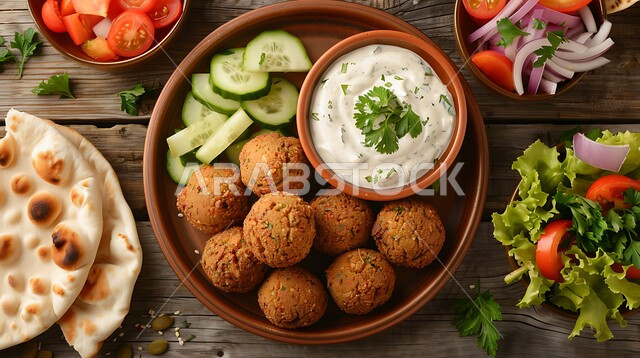 A close-up of a plate of ripe fried falafel discs with fresh vegetables, popular food recipes in Saudi Arabia restaurants, a delicious breakfast, oriental Arabic food