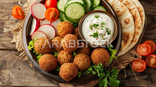 صورة مقربة لطبق أقراص الفلافل المقلية الناضجة مع الخضراوات الطازجة، وصفات طعام شعبية في مطاعم المملكة العربية السعودية، وجبة فطور شهية، مأكولات عربية شرقية