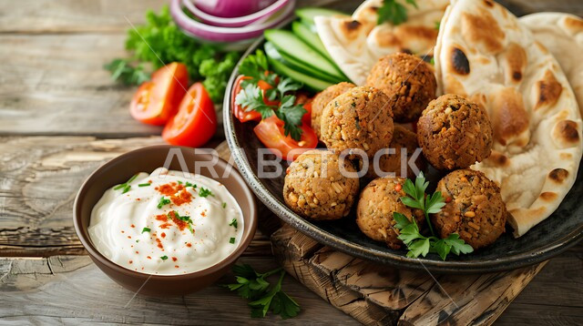 صورة مقربة لطبق أقراص الفلافل المقلية الناضجة مع الخضراوات الطازجة، وصفات طعام شعبية في مطاعم المملكة العربية السعودية، وجبة فطور شهية، مأكولات عربية شرقية