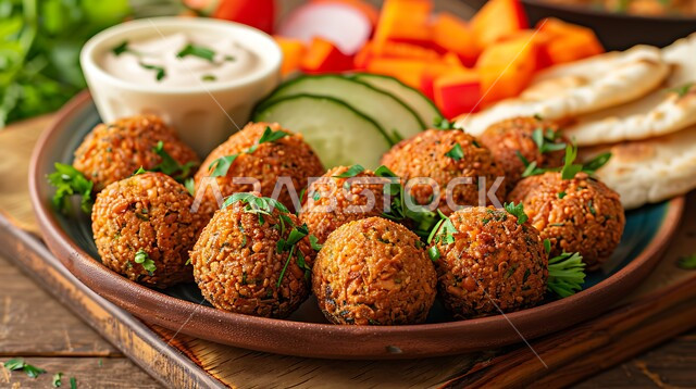 A close-up of a plate of ripe fried falafel discs with fresh vegetables, popular food recipes in Saudi Arabia restaurants, a delicious breakfast, oriental Arabic food