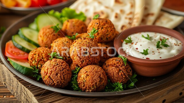صورة مقربة لطبق أقراص الفلافل المقلية الناضجة مع الخضراوات الطازجة، وصفات طعام شعبية في مطاعم المملكة العربية السعودية، وجبة فطور شهية، مأكولات عربية شرقية