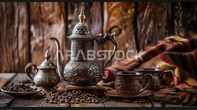 حبات القهوة  المتناثرة، القهوة العربية في الثقافة السعودية, البن العربي الخليجي الفاخر, مفهوم الضيافة العربية الأصيلة, تقديم المشروبات الساخنة للزوار, حسن استقبال الضيف وإكرامه, دلة نحاسية مزينة بالآرابيسك مع عدة فناجين, التقاليد والعادات الأصيلة المتوارثة من الأجداد