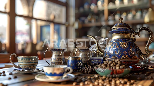 حبات القهوة  المتناثرة، القهوة العربية في الثقافة السعودية, البن العربي الخليجي الفاخر, مفهوم الضيافة العربية الأصيلة, تقديم المشروبات الساخنة للزوار, حسن استقبال الضيف وإكرامه, دلة نحاسية مزينة بالآرابيسك مع عدة فناجين, التقاليد والعادات الأصيلة المتوارثة من الأجداد