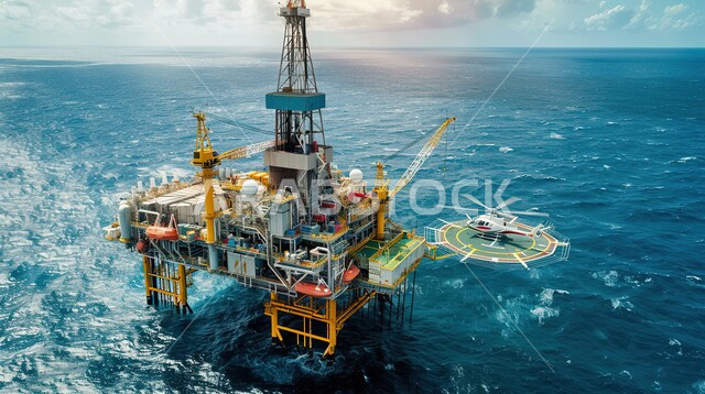 جودة الأدوات والمعدات لصناعة وتخزين البترول، آلات حفر ضخمة , استخراج وتصدير الثروات الباطنية، منصة نفط لاستنباط الزيوت, حفارة تقوم بالتنقيب عن النفط وسط البحر مع مهبط طائرات الهليكوبتر