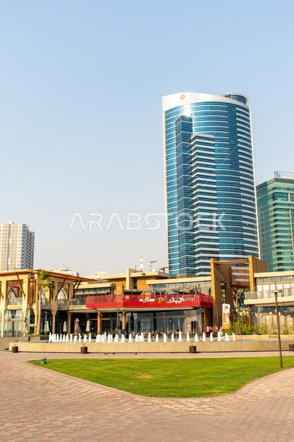 Modern architectural art, the exterior facade of the new branch of Al Baik Saudi Restaurant in Sharjah, United Arab Emirates, famous places for serving food and fast food, fried chicken restaurants