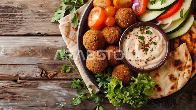 Traditional Arab restaurants in the Kingdom of Saudi Arabia, restaurants with oriental Arabic food, delicious meals, a delicious breakfast dish, a plate of falafel discs with fresh vegetables