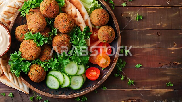 المطاعم العربية التقليدية في المملكة العربية السعودية، مطاعم للمأكولات العربية الشرقية، وجبات الطعام الشهية، طبق افطار شهي، طبق من اقراص الفلافل مع الخضروات الطازجة