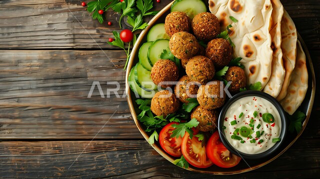 المطاعم العربية التقليدية في المملكة العربية السعودية، مطاعم للمأكولات العربية الشرقية، وجبات الطعام الشهية، طبق افطار شهي، طبق من اقراص الفلافل مع الخضروات الطازجة