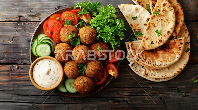 المطاعم العربية التقليدية في المملكة العربية السعودية، مطاعم للمأكولات العربية الشرقية، وجبات الطعام الشهية، طبق افطار شهي، طبق من اقراص الفلافل مع الخضروات الطازجة