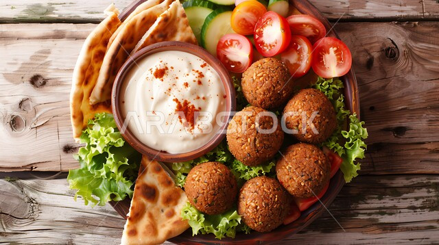 المطاعم العربية التقليدية في المملكة العربية السعودية، مطاعم للمأكولات العربية الشرقية، وجبات الطعام الشهية، طبق افطار شهي، طبق من اقراص الفلافل مع الخضروات الطازجة