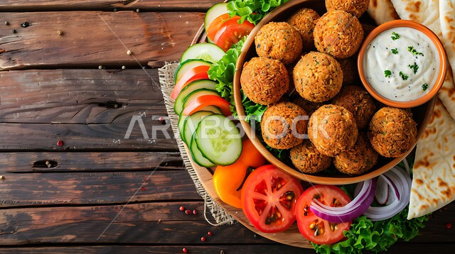 طبق من اقراص الفلافل المقرمشة مع الخضروات الطازجة, المطاعم العربية التقليدية في المملكة العربية السعودية، مطاعم للمأكولات العربية الشرقية، وجبات الطعام الشهية، طبق افطار شهي،