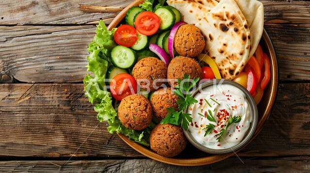 طبق من اقراص الفلافل المقرمشة مع الخضروات الطازجة, المطاعم العربية التقليدية في المملكة العربية السعودية، مطاعم للمأكولات العربية الشرقية، وجبات الطعام الشهية، طبق افطار شهي،