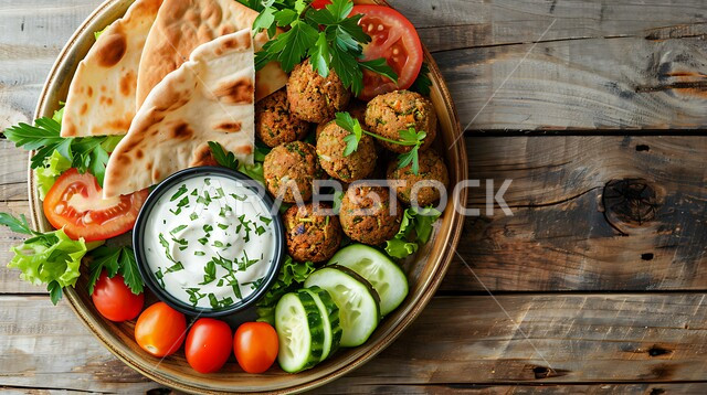 A plate of crispy falafel discs with fresh vegetables, traditional Arab restaurants in the Kingdom of Saudi Arabia, restaurants for eastern Arab food, delicious meals, a delicious breakfast dish,