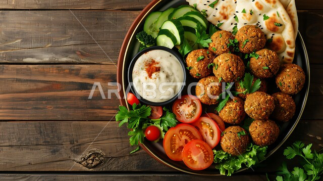 طبق من اقراص الفلافل المقرمشة مع الخضروات الطازجة, المطاعم العربية التقليدية في المملكة العربية السعودية، مطاعم للمأكولات العربية الشرقية، وجبات الطعام الشهية، طبق افطار شهي،