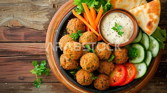 A plate of crispy falafel discs with fresh vegetables, traditional Arab restaurants in the Kingdom of Saudi Arabia, restaurants for eastern Arab food, delicious meals, a delicious breakfast dish,