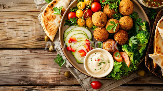 A plate of delicious falafel discs with vegetables and chickpeas, fresh falafel pieces, morning breakfast, oriental Arabic food,