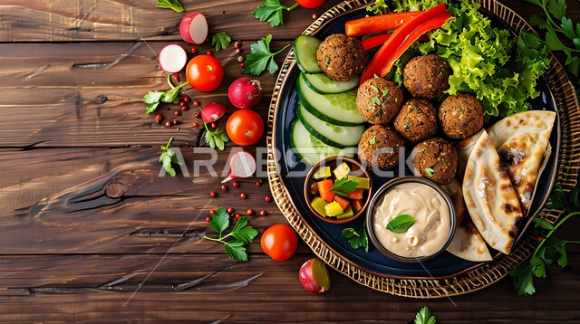 طبق من اقراص الفلافل اللذيذ مع الخضروات والحمص، حبات الفلافل الطازجة، وجبة الفطور الصباحي، مأكولات عربية شرقية،