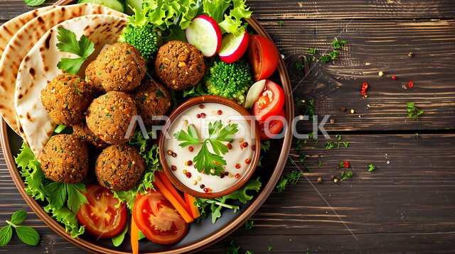 طبق من اقراص الفلافل اللذيذ مع الخضروات والحمص، حبات الفلافل الطازجة، وجبة الفطور الصباحي، مأكولات عربية شرقية،
