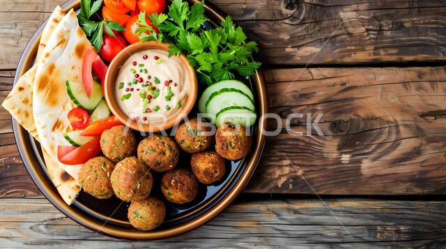 طبق من اقراص الفلافل اللذيذ مع الخضروات والحمص، حبات الفلافل الطازجة، وجبة الفطور الصباحي، مأكولات عربية شرقية،