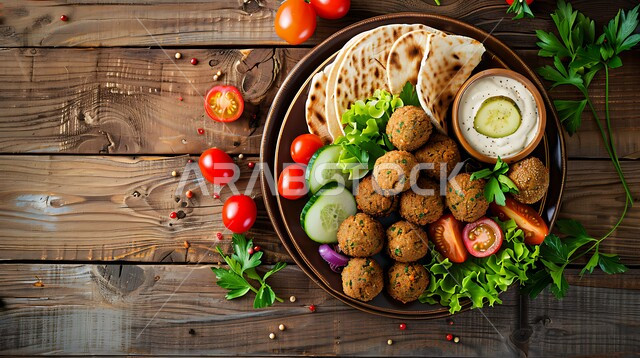 مأكولات عربية شرقية، طبق من اقراص الفلافل مع الخضروات، حبات الفلافل الطازجة، وجبة الفطور الصباحي، مأكولات عربية شرقية،