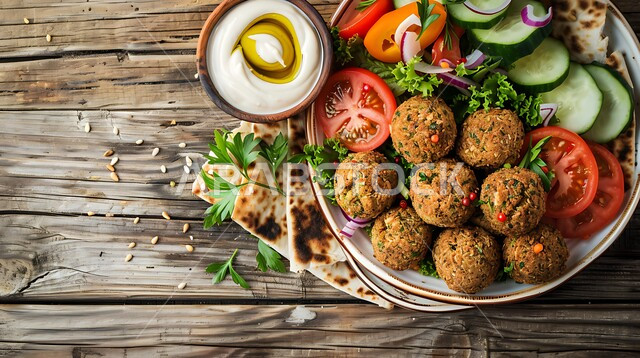 مأكولات عربية شرقية، طبق من اقراص الفلافل مع الخضروات، حبات الفلافل الطازجة، وجبة الفطور الصباحي، مأكولات عربية شرقية،