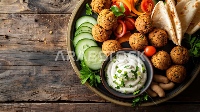 مأكولات عربية شرقية، طبق من اقراص الفلافل مع الخضروات، حبات الفلافل الطازجة، وجبة الفطور الصباحي، مأكولات عربية شرقية،