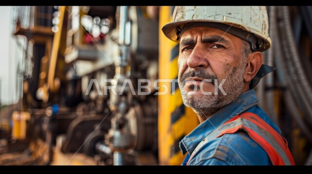 جودة الانتاج والتصنيع، تحقيق الثورة الصناعية، مهن ووظائف سعودية، صورة مقربة لمهندس صناعي عربي خليجي سعودي يرتدي خوذة وسترة الحماية يقوم بمتابعة سير الأعمال