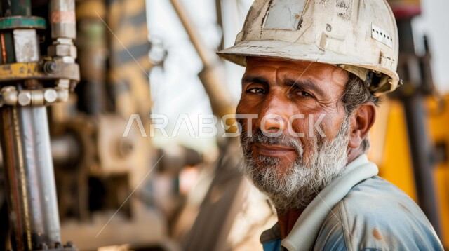 مهن ووظائف سعودية، جودة الانتاج والتصنيع، تحقيق الثورة الصناعية، صورة مقربة لمهندس صناعي عربي خليجي سعودي يرتدي خوذة وسترة الحماية يقوم بمتابعة سير الأعمال
