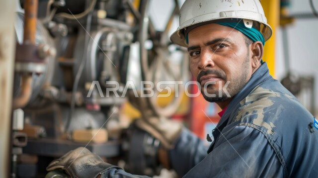 جودة الانتاج والتصنيع، تحقيق الثورة الصناعية، مهن ووظائف سعودية، صورة مقربة لمهندس صناعي عربي خليجي سعودي يرتدي خوذة وسترة الحماية يقوم بمتابعة سير الأعمال