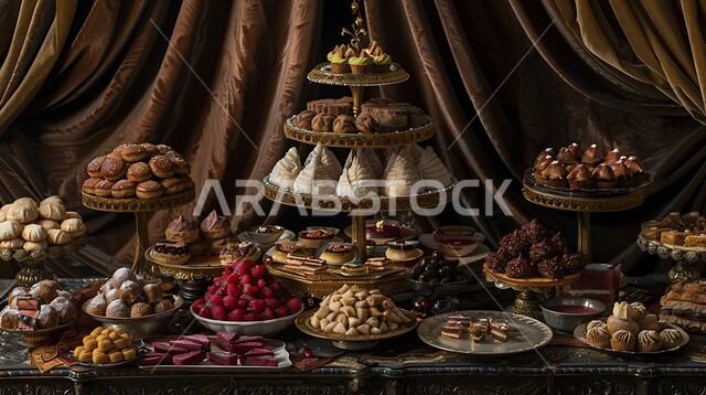 ضيافة الأعياد والمناسبات في المملكة، سفرة مليئة باطباق من الحلويات، كرم الضيافة في السعودية، أكلات غنية بالسكريات والسعرات الحرارية، 