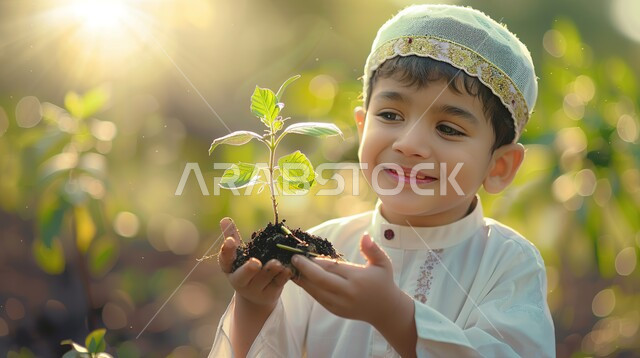 أراضي ومحاصيل زراعية، الشعور بالفرح والسرور، الاهتمام في النباتات الخضراء في المملكة العربية السعودية، ولد عربي خليجي سعودي مبتسم يرتدي القبعة البيضاء الإسلامية يمسك بيده الشتلات يقف في احدى المزارع