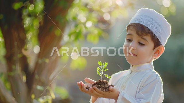 أراضي ومحاصيل زراعية، الشعور بالفرح والسرور، الاهتمام في النباتات الخضراء في المملكة العربية السعودية، ولد عربي خليجي سعودي مبتسم يرتدي القبعة البيضاء الإسلامية يمسك بيده الشتلات يقف في احدى المزارع