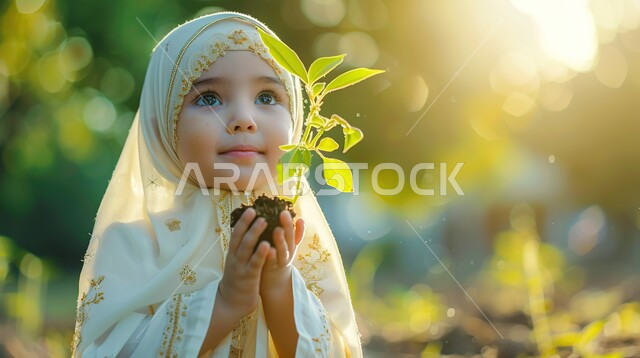 أراضي ومحاصيل زراعية، الشعور بالفرح والسرور، الاهتمام في النباتات الخضراء في المملكة العربية السعودية، فتاة عربية خليجية سعودية مبتسمة محجبة تمسك بيدها الشتلات تقف في احدى المزارع