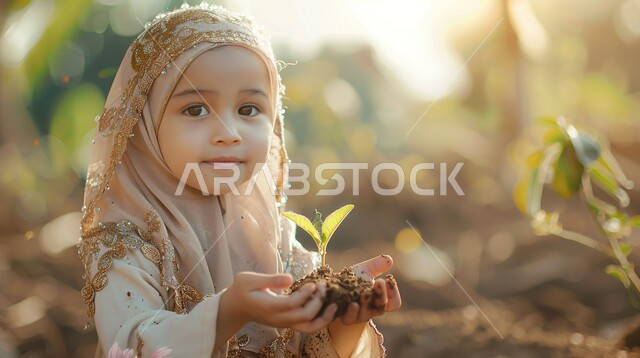 Agricultural lands and crops, feeling of joy and happiness, interest in green plants in the Kingdom of Saudi Arabia, a smiling veiled Saudi Arabian Gulf girl looking at the camera holding seedlings in her hand standing in one of the farms