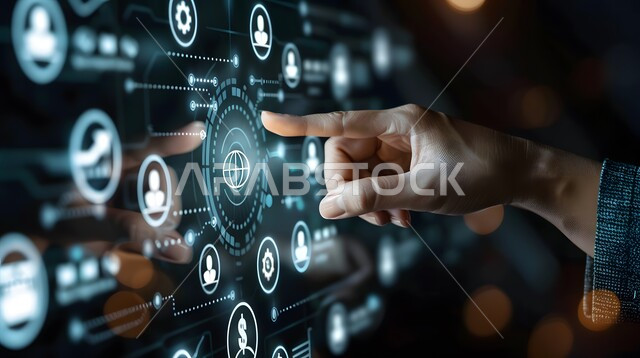 تحسين كفاءة العمل، استخدام التقنيات الالكترونية الحديثه، صورة مقربة ليد شخص يقوم بلمس أيقونات التكلفة والجودة الافتراضية، شاشات الكترونية مضيئة، عناصر ورموز هولوجرامية ثلاثية الابعاد، النمو والتقدم التكنولوجي