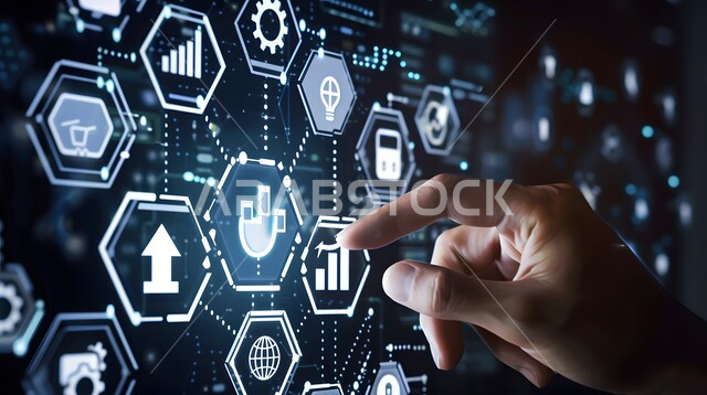 تحسين كفاءة العمل، استخدام التقنيات الالكترونية الحديثه، صورة مقربة ليد شخص يقوم بلمس أيقونات التكلفة والجودة الافتراضية، شاشات الكترونية مضيئة، عناصر ورموز هولوجرامية ثلاثية الابعاد، النمو والتقدم التكنولوجي