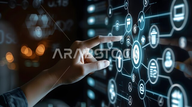 استخدام التقنيات الالكترونية الحديثه، تحسين كفاءة العمل، صورة مقربة ليد شخص يقوم بلمس أيقونات التكلفة والجودة الافتراضية، شاشات الكترونية مضيئة، عناصر ورموز هولوجرامية ثلاثية الابعاد، النمو والتقدم التكنولوجي
