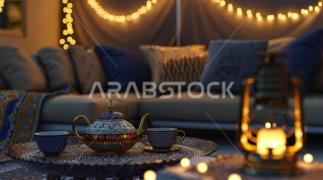 تزيين الغرف بتحف و اكسسوارات متميزة للاحتفال بقدوم شهر الخير, غرفة معيشة بديكورات عصرية أنيقة، الأجواء الرمضانية الروحانية, زينة و أنوار رمضان المبارك، فانوس معدني مضيء مع مشروب ساخن على الطاولة