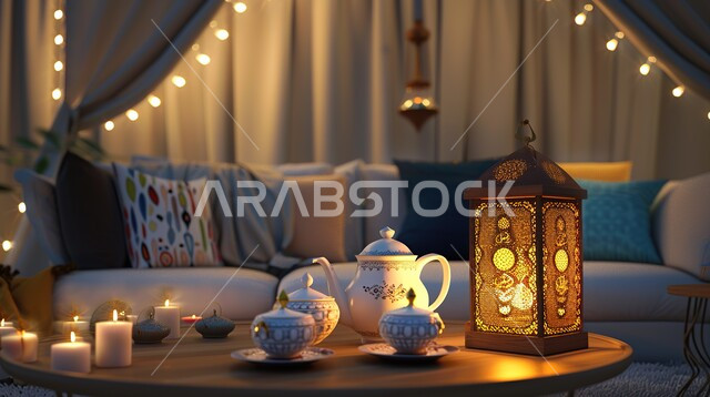 تزيين الغرف بتحف و اكسسوارات متميزة للاحتفال بقدوم شهر الخير, غرفة معيشة بديكورات عصرية أنيقة، الأجواء الرمضانية الروحانية, زينة و أنوار رمضان المبارك، فانوس معدني مضيء مع مشروب ساخن على الطاولة