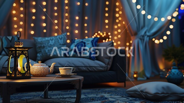 تزيين الغرف بتحف و اكسسوارات متميزة للاحتفال بقدوم شهر الخير, غرفة معيشة بديكورات عصرية أنيقة، الأجواء الرمضانية الروحانية, زينة و أنوار رمضان المبارك، فانوس معدني مضيء مع مشروب ساخن على الطاولة