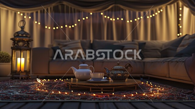 تزيين الغرف بتحف و اكسسوارات متميزة للاحتفال بقدوم شهر الخير, غرفة معيشة بديكورات عصرية أنيقة، الأجواء الرمضانية الروحانية, زينة و أنوار رمضان المبارك، فانوس معدني مضيء مع مشروب ساخن على الطاولة