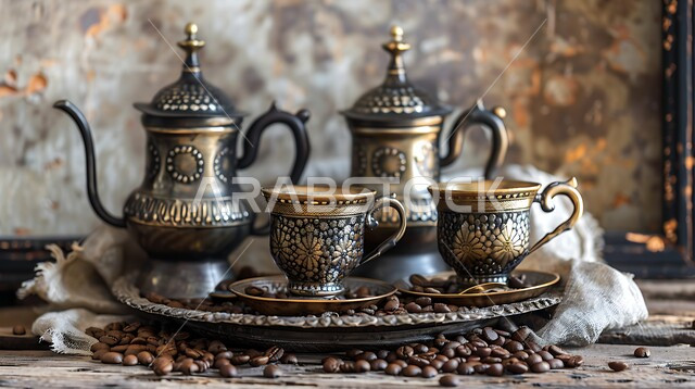 العادات العربية القديمة في تقديم القهوة، حسن الضيافه وكرم الإستقبال في المملكة العربية السعودية، الاستمتاع بالمشروبات الساخنة، صورة مقربة لفنجان القهوة السوداء ودلة نحاسية مزخرفة، جودة المنتجات المحلية الوطنية