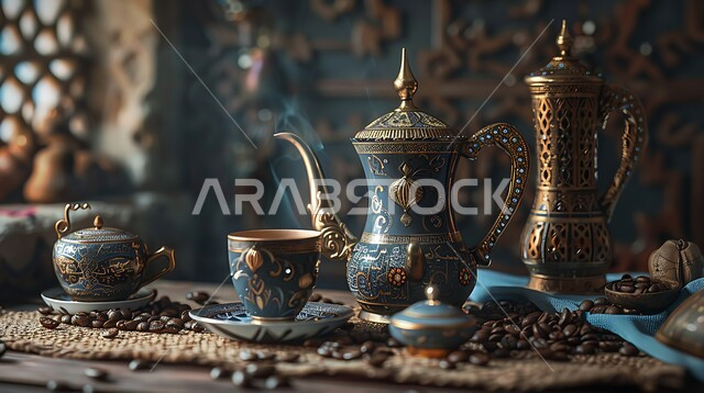 العادات العربية القديمة في تقديم القهوة، حسن الضيافه وكرم الإستقبال في المملكة العربية السعودية، الاستمتاع بالمشروبات الساخنة، صورة مقربة لفنجان القهوة السوداء ودلة نحاسية مزخرفة، جودة المنتجات المحلية الوطنية