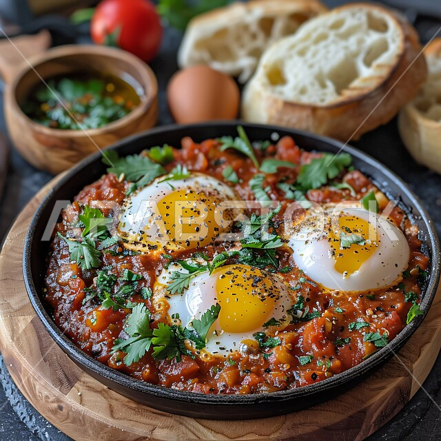 طبق البيض المقلي مع الطماطم والفلفل الحار المزين بالبقدونس، وجبة فطور صباحية مفيدة وسريعة، الاومليت اللذيذ المليء بالبروتينات الصحية، وجبات اتباع الحميات الغذائية، أطباق إفطار تقليدية، مأكولات طازجة مغذية