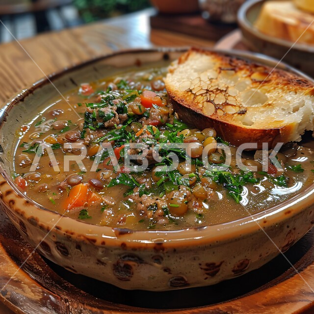 وجبة طعام ذات قيمة غذائية، طبق من المقبلات الساخنة اللذيذة، شوربة العدس الصحية والشهية المزينة بقطع الخبز المقرمش والليمون الحامض، مطاعم عربية خليجية سعودية، أطعمة ومأكولات شعبية تقليدية